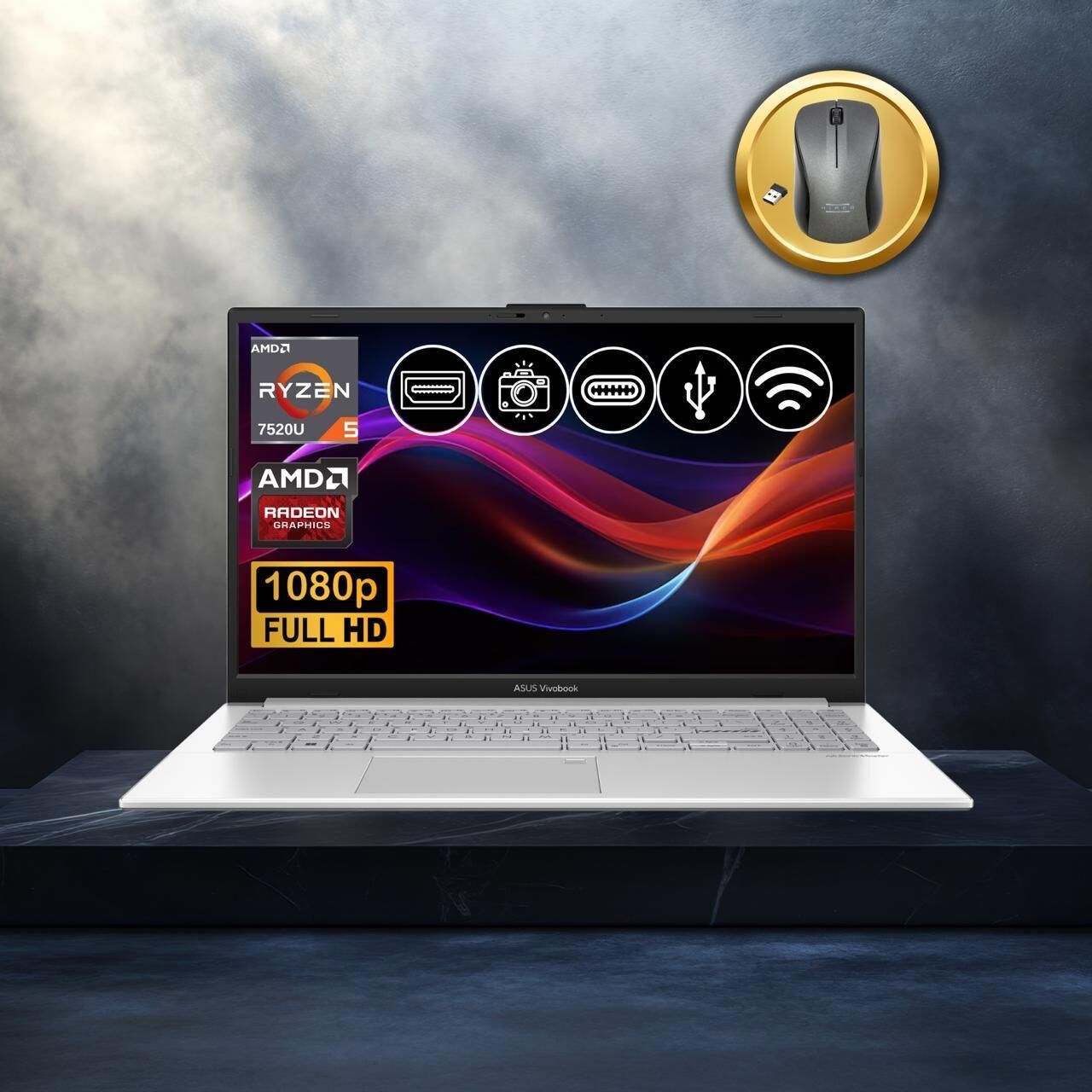 Asus Vivobook Go 15 Ryzen5-7520U 8GB 512GB Nvme SSD E1504FA-BQ1741 Atl5 15.6'' FreeDos Notebook+Mouse