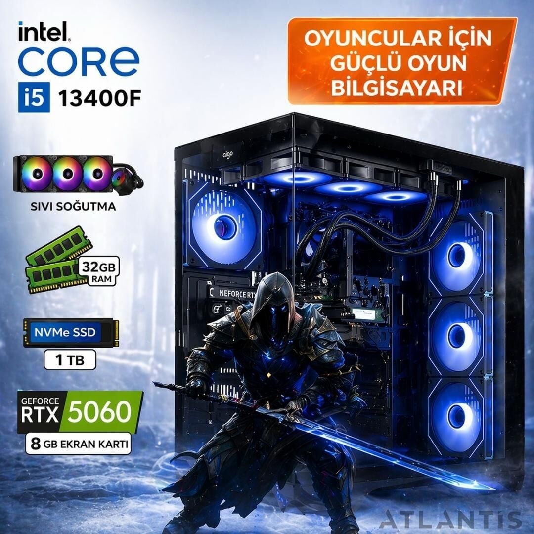 POSEIDON X5 i5 13400F 32GB DDR4 1TB NVMe SSD 8GB RTX 5060 GDDR7 Sıvı Soğutmalı Hazır Oyuncu Bilgisayarı