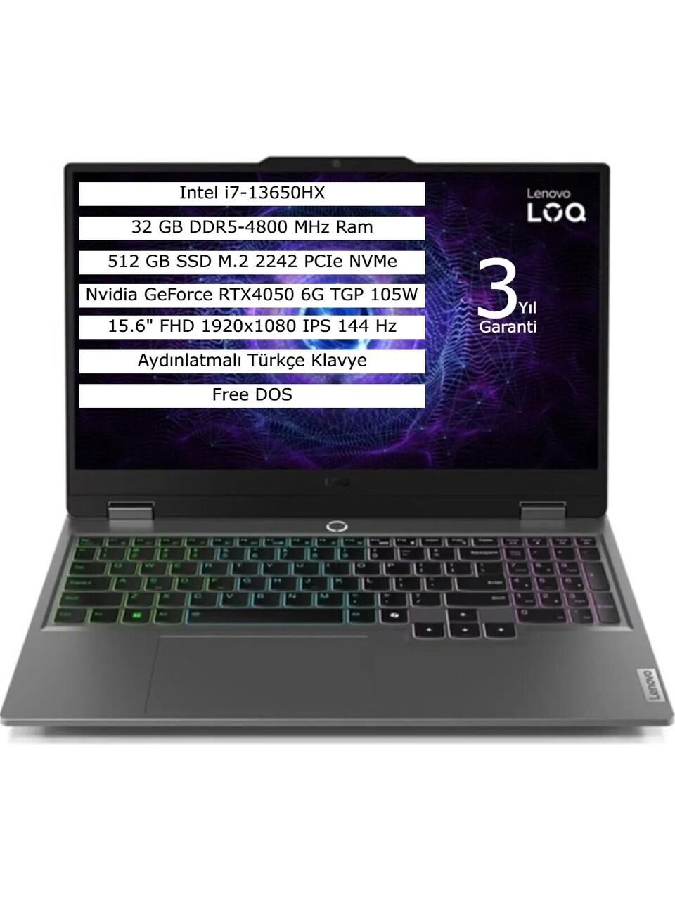 Lenovo LOQ 15IRX9 83DV0119TR i7-13650HX 32 GB 512 GB SSD RTX4050 15.6'' Full HD Gaming Laptop