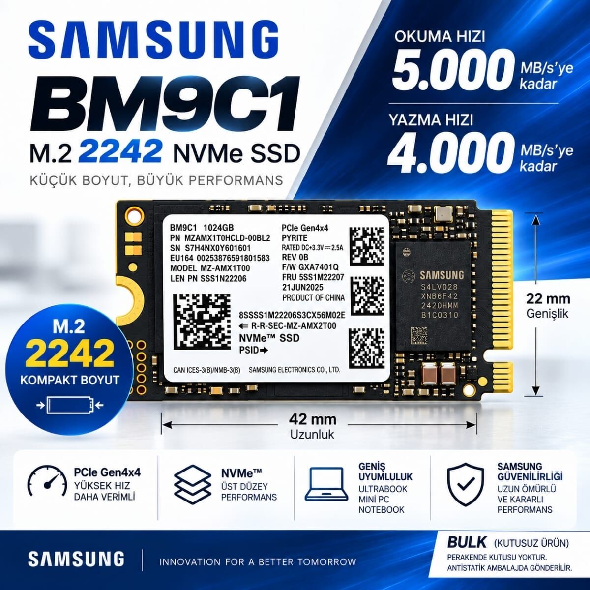 Samsung BM9C1 1TB M.2 2242 NVMe PCIe Gen4x4 SSD MZAMX1T0HCLD-00BL2 Bulk