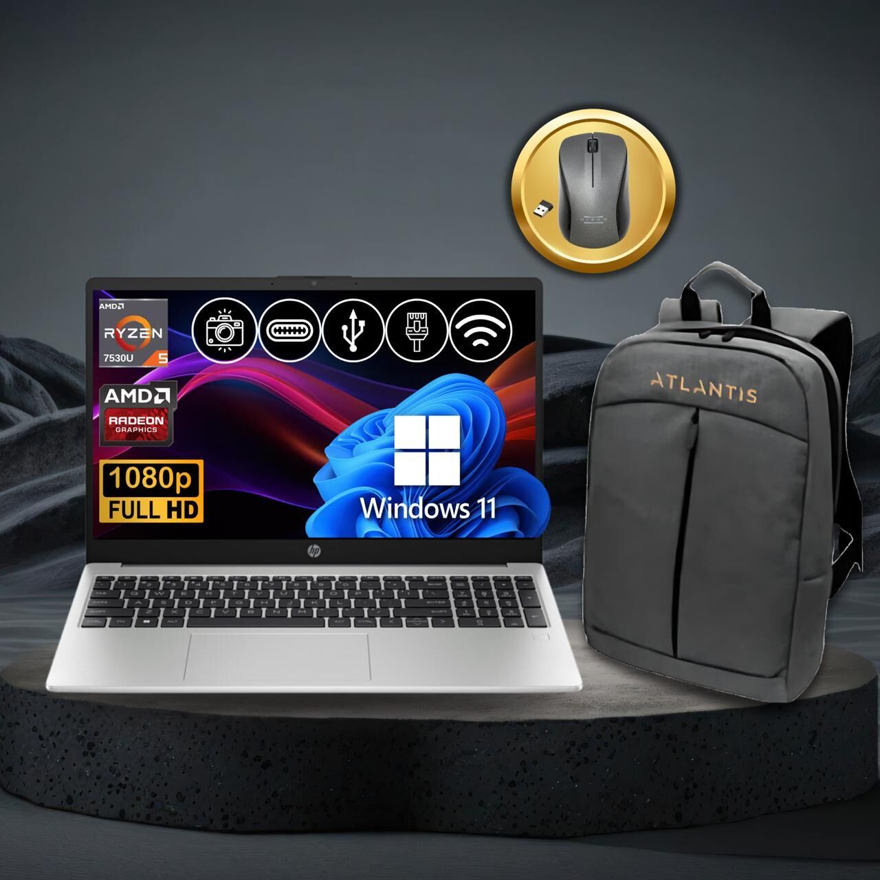 HP 255 G10 Ryzen5-7530U 32GB 1TB Nvme SSD 3C3Y9ES ATL70 O/B 15.6'' Win11Pro Notebook + Çanta & Mouse