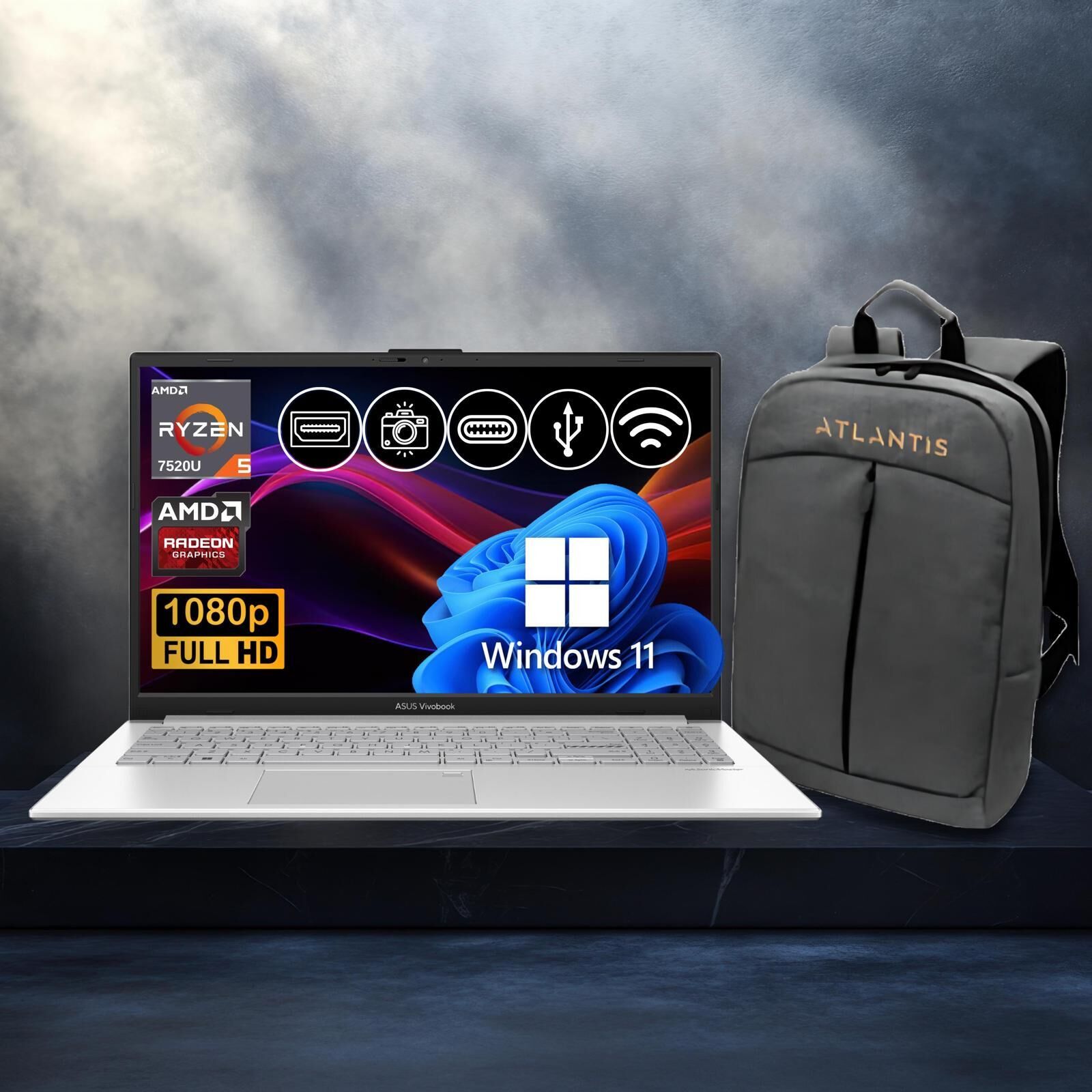 Asus Vivobook Go 15 Ryzen5-7520U 8GB 512GB Nvme SSD E1504FA-BQ1741 Atl25 15.6'' Win11Pro Notebook+Çanta