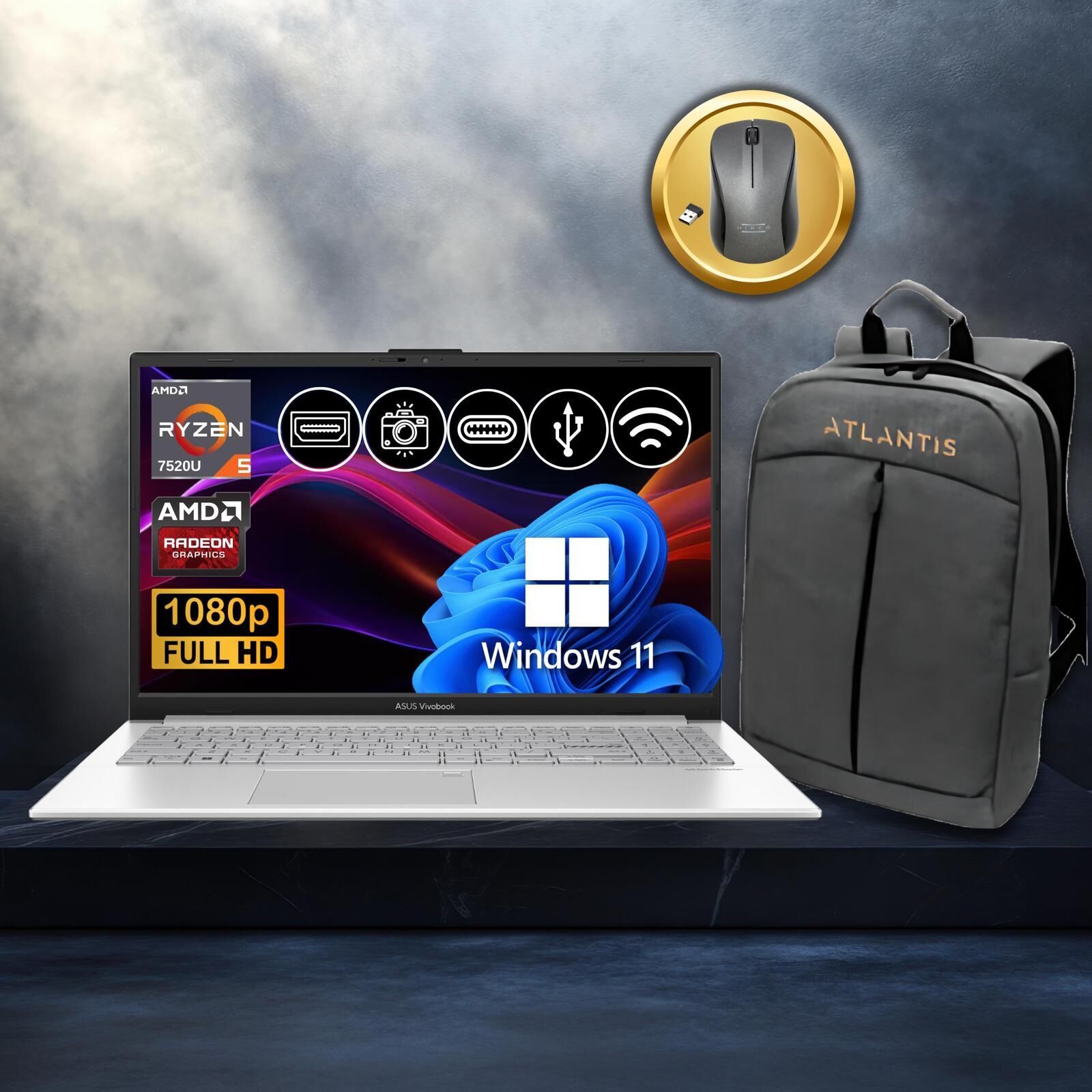 Asus Vivobook Go 15 Ryzen5-7520U 8GB 512GB Nvme SSD E1504FA-BQ1741 Atl29 15.6'' Win11Pro Notebook+Çanta+Mouse