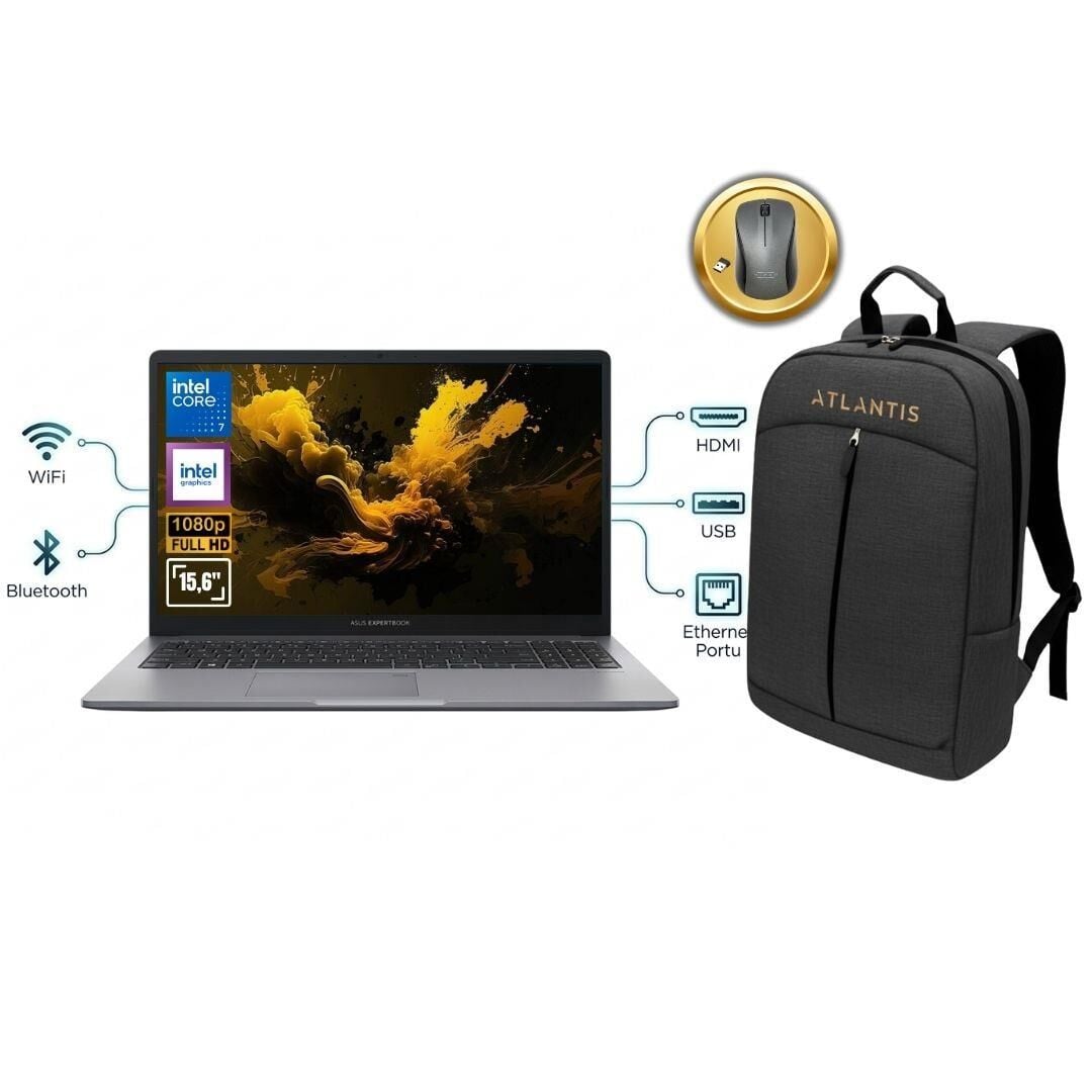 ASUS Expertbook P1 P1503CVA ATL57 CORE 7 240H 64GB Ram 512GB SSD 15.6'' FDos Notebook + Çanta&Mouse