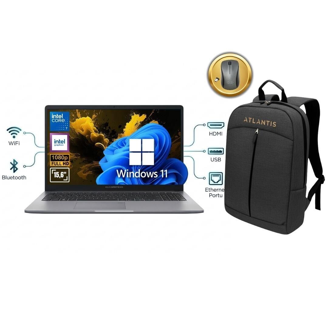 ASUS Expertbook P1 P1503CVA ATL70 CORE 7 240H 24GB Ram 2TB SSD 15.6'' W11Pro Notebook + Çanta&Mouse