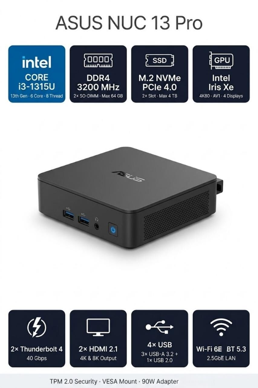 ASUS NUC13 PRO SLIM KIT BAREBONE i3-1315U 12GB RAM 256GB SSD FDOS MINI BİLGİSAYAR NUC13ANKI3 A9