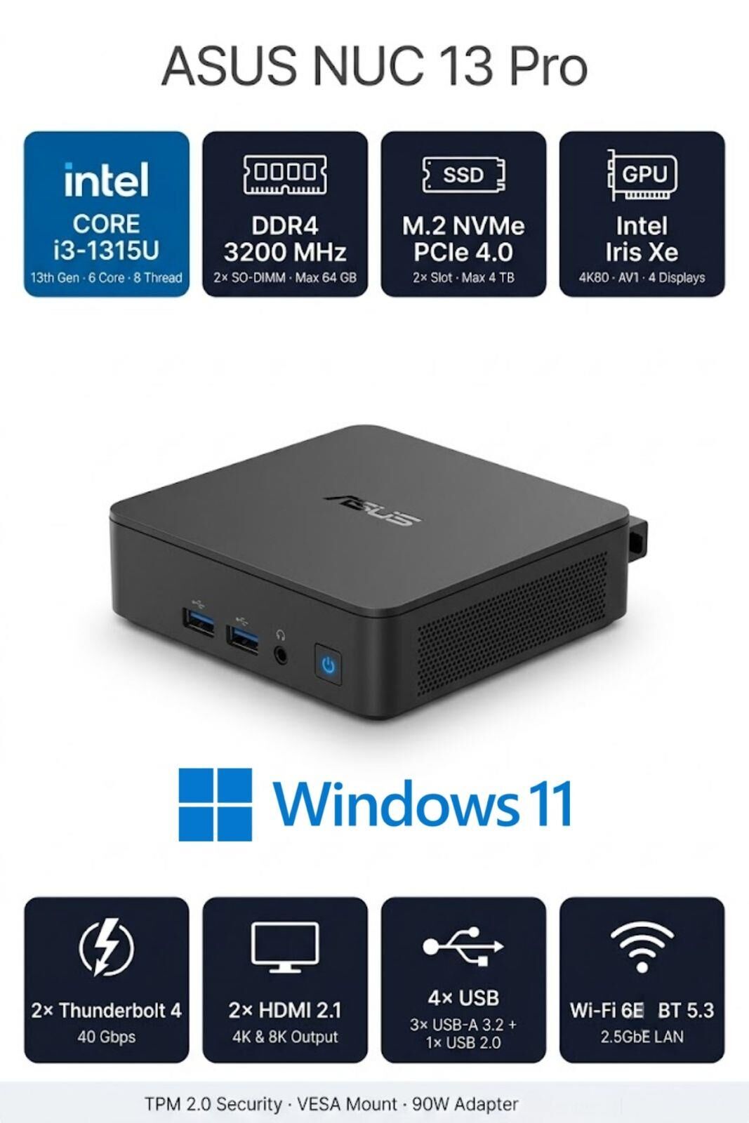 ASUS NUC13 PRO SLIM KIT BAREBONE i3-1315U 4GB RAM 256GB SSD WİN11PRO MINI BİLGİSAYAR NUC13ANKI3 A23
