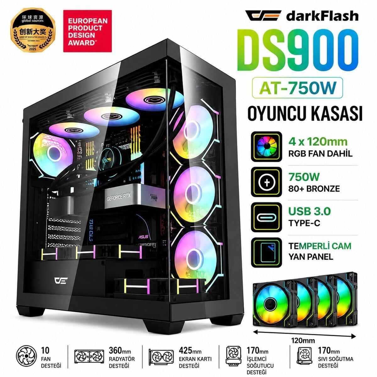 Aigo/DarkFlash DS900 AT-750W 80+Bronze USB3.0 Type-C 4×12CM Fan Temperli Cam Siyah ATX Oyuncu Kasası