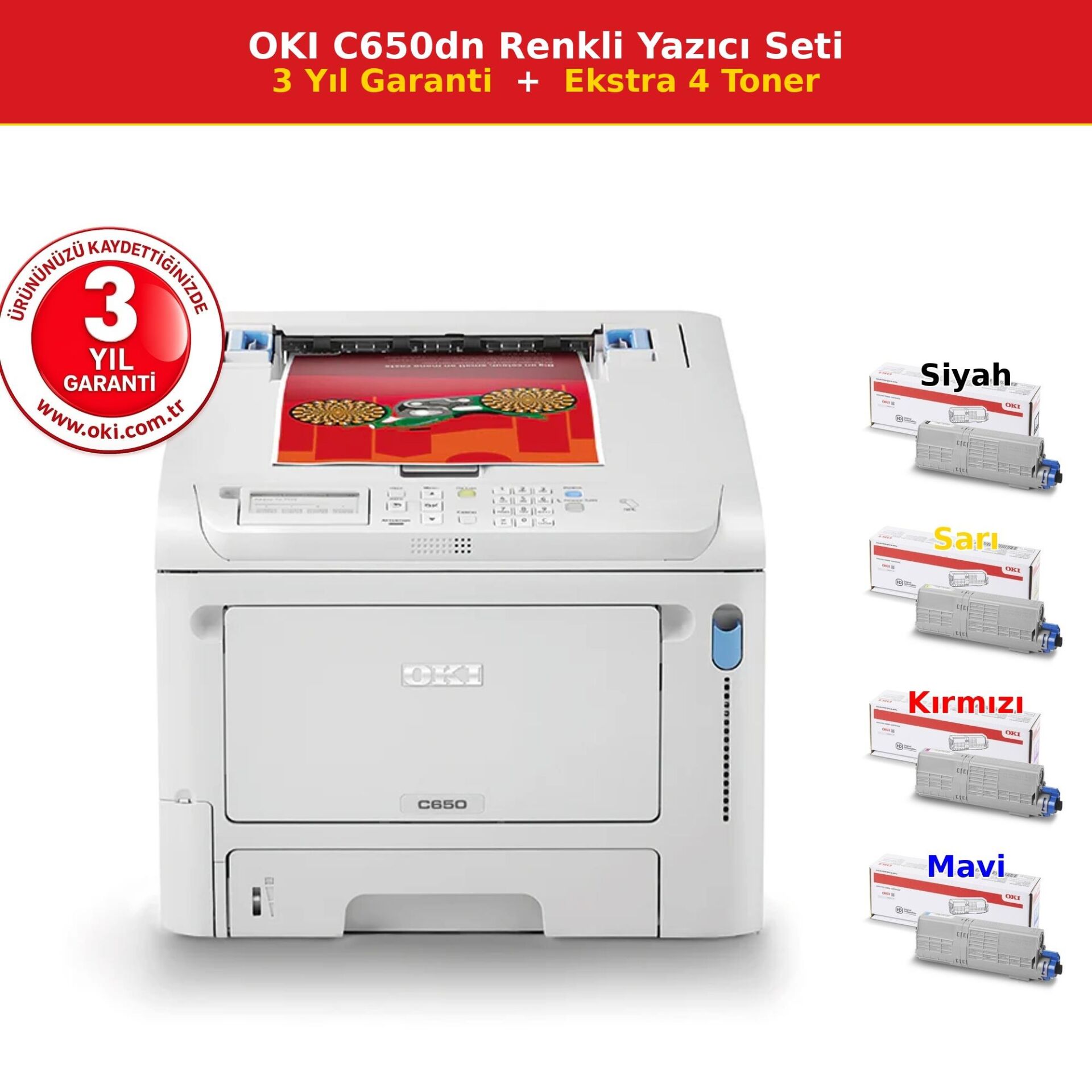 OKI C650DN A4 Renkli Network Yazıcı 35ppm Dubleks (09006144) + Ekstra 4 Toner